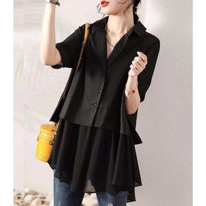 Black Cotton Layered Shirt Top